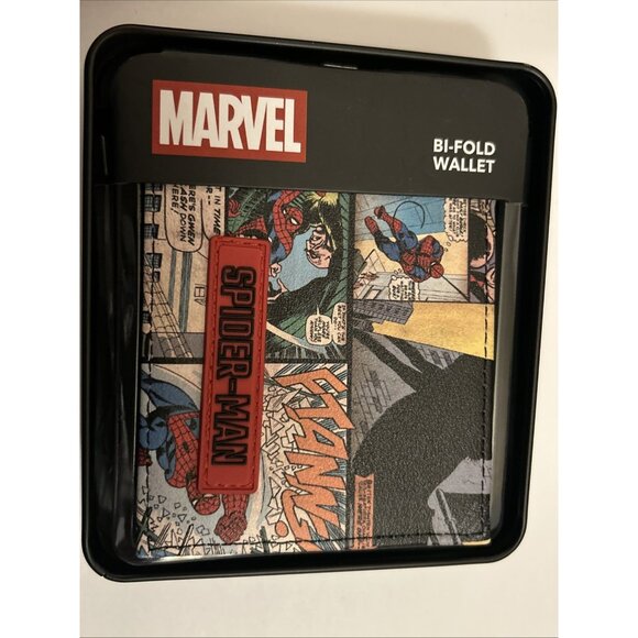 Marvel Men's Bifold Wallet Spiderman w/ collectors Tin comic style NWT red blue - Picture 2 of 15